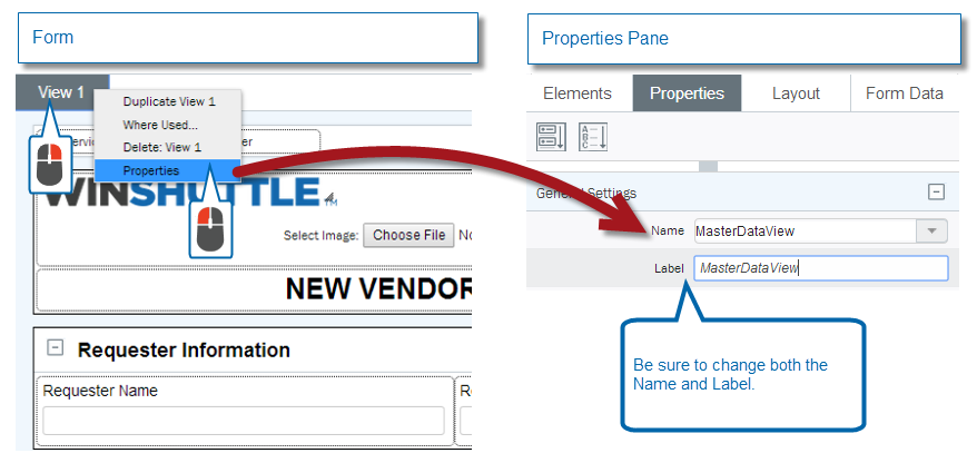 Composer: Changing a view name and label illustration