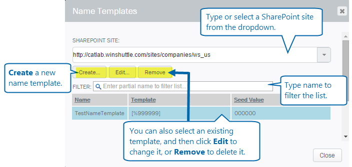 Winshuttle Composer Name Templates screenshot