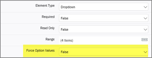 force option values property set to false