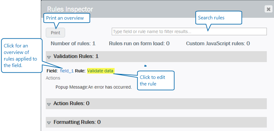 Winshuttle Composer Rules Inspector screen