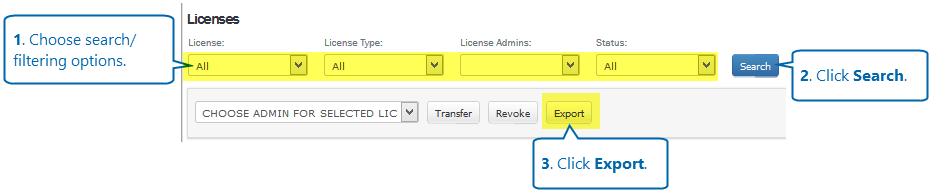 Exporting Licenses to a file screen
