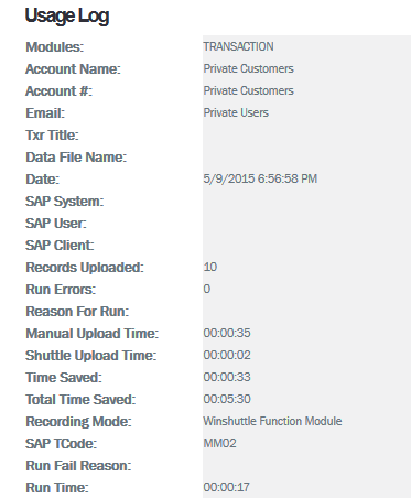Winshuttle Connect usage log example screen