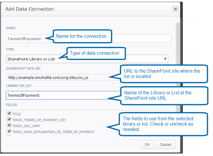 SharePoint data connection example screen