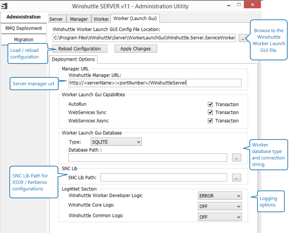 Winshuttle SAP Integration Server 11.x Admin Utility Worker Launch Gui configuration screen