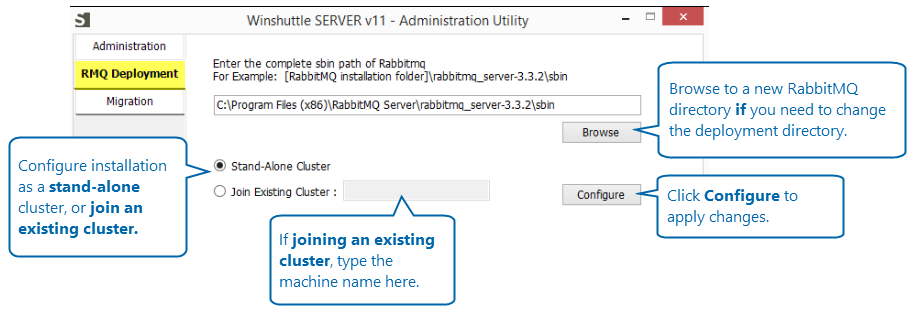 Winshuttle SAP Integration Server 11.x Admin Tool: Configuring RabbitMQ screen