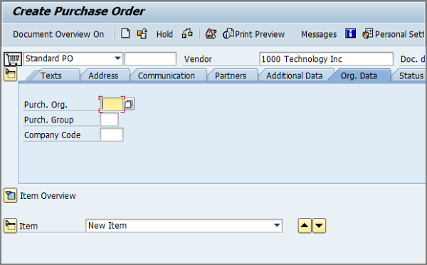 header data fields on create purchase order screen