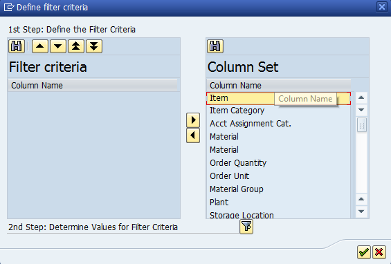 define filter criteria box with item selected