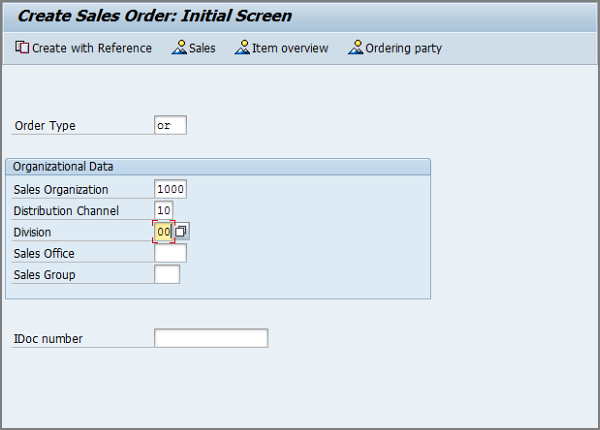 create sales order initial screen