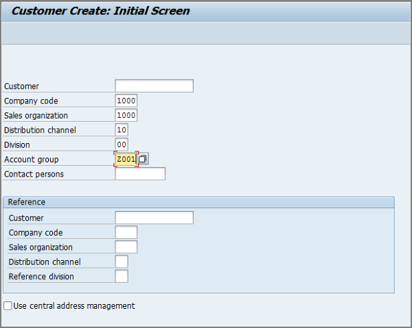 customer create initial screen
