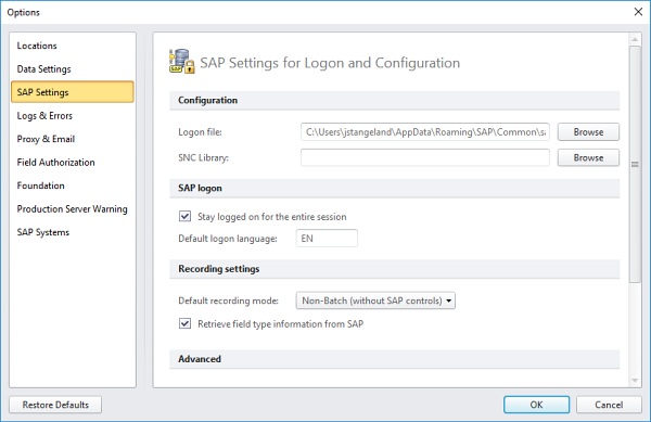 SAP settings tab in options dialog box