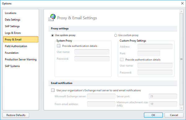 proxy server and email settings in options dialog box