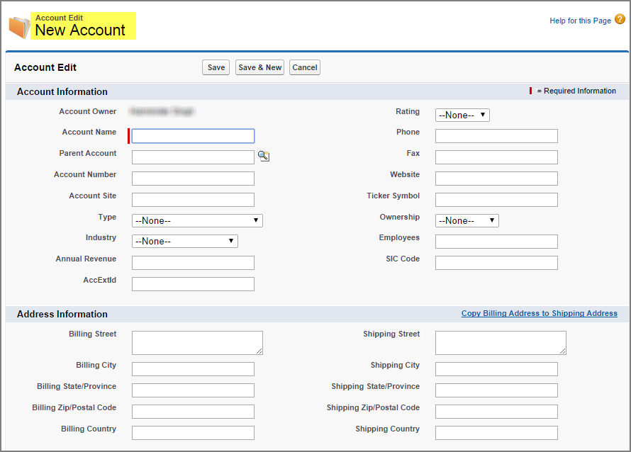 New account screen in Salesforce