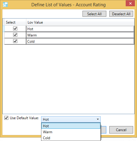 default list of values box with drop down menu