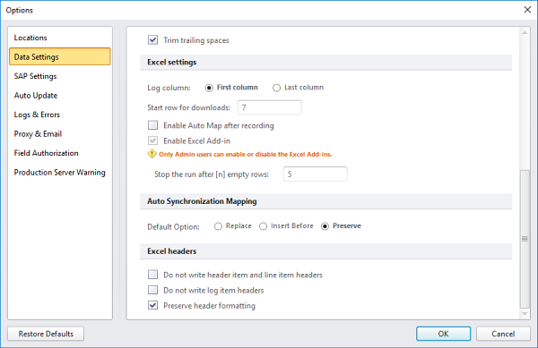 data settings tab in options dialog box