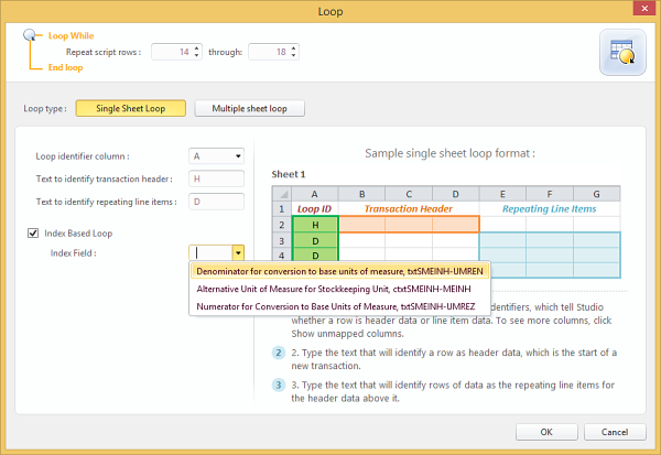 index loop check box index field drop down menu