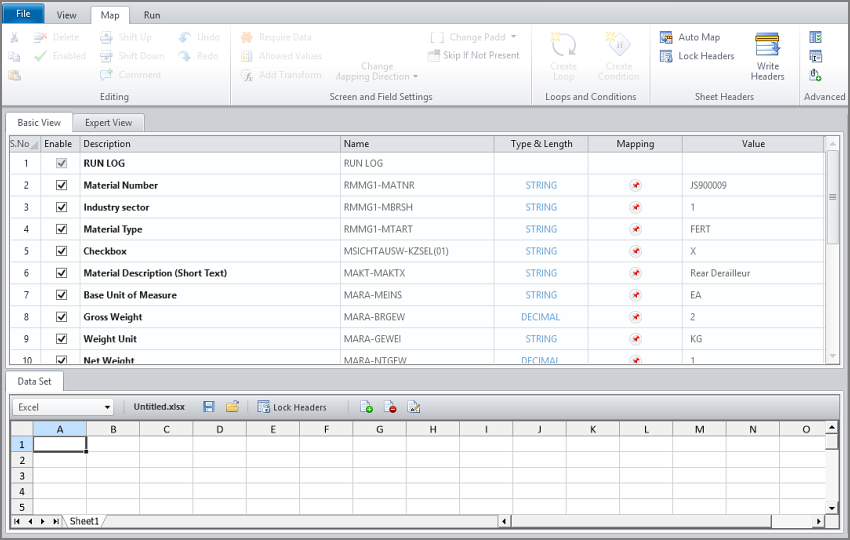 field rows and excel preview in mapper