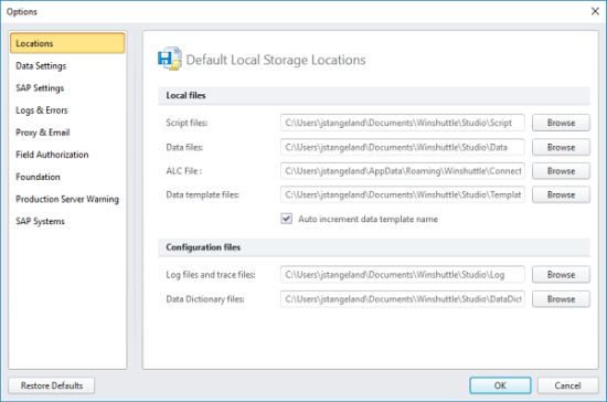 locations tab in options dialog box