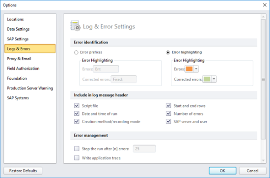 logs and errors tab in options dialog box