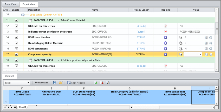 line item fields mapped to excel preview