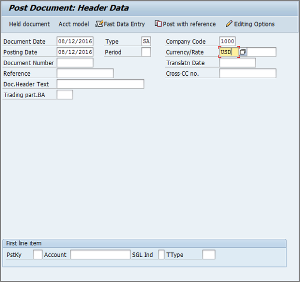 header data screen in sap gui