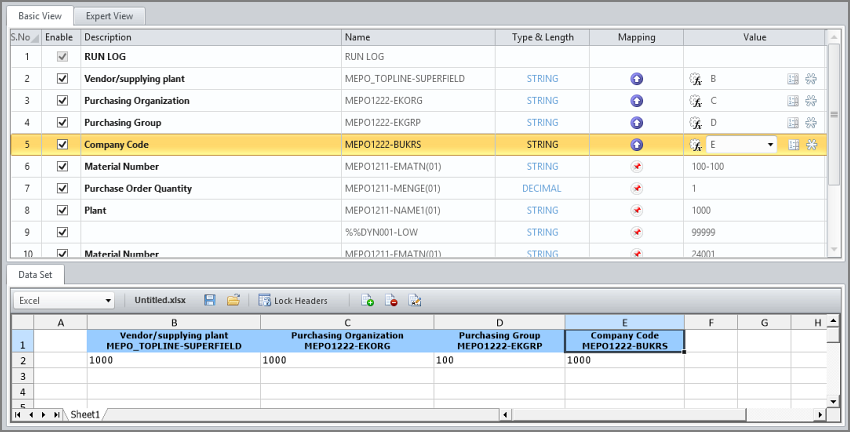 header fields mapped to excel preview