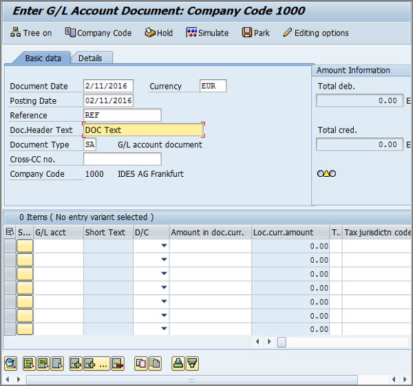 enter gl account document screen