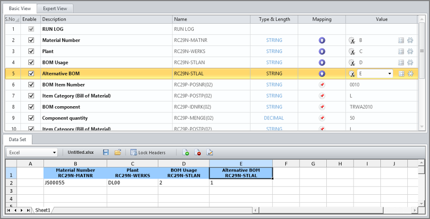 header fields mapped to excel preview