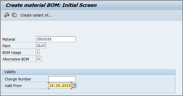 create material bom initial screen
