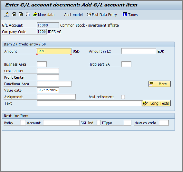 add g/l account item screen