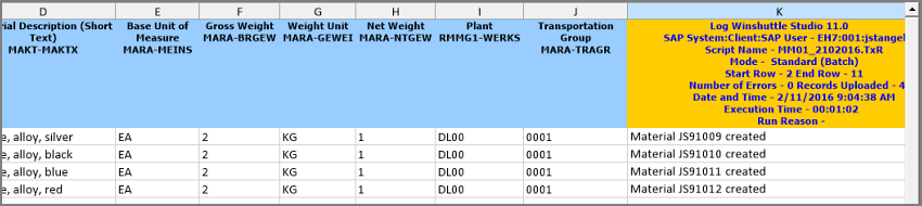 log column showing materials were created