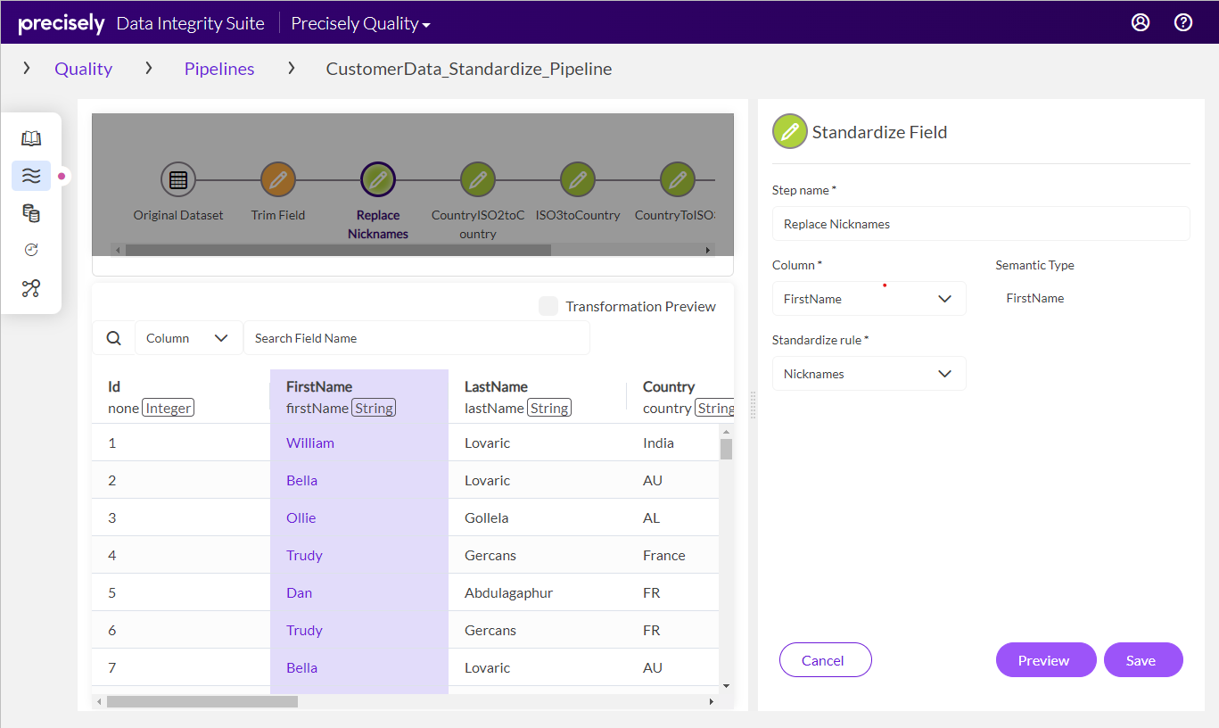 Transformation settings panel with preview