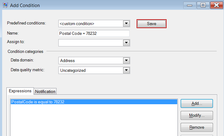 Save button in the Add Condition dialog box