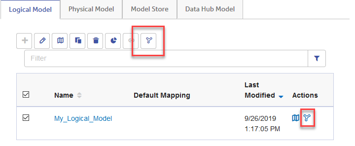 Create Data Hub Model buttons on the Logical Model tab