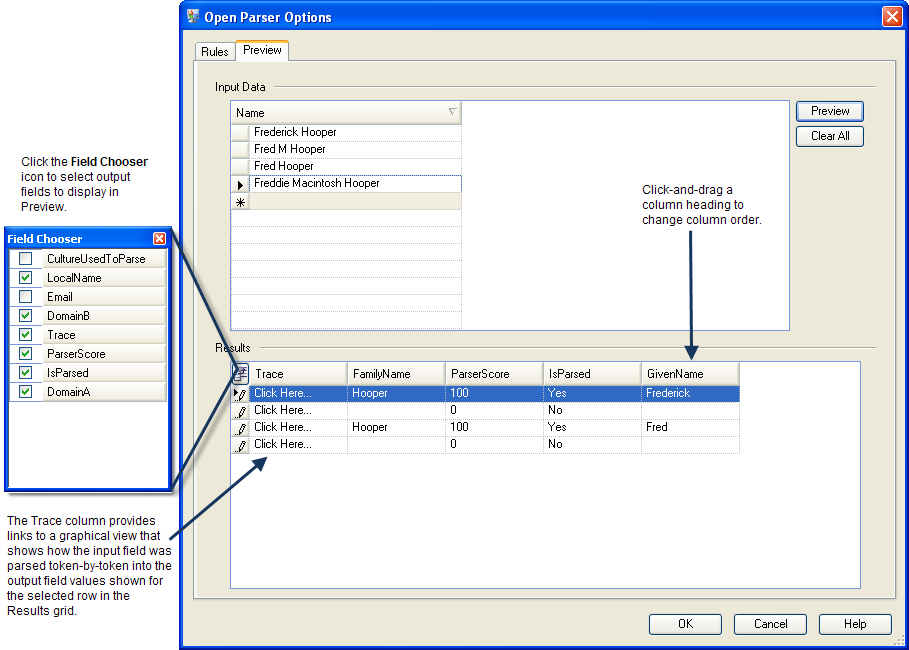 Field Chooser expanded in Open Parser Options dialog box