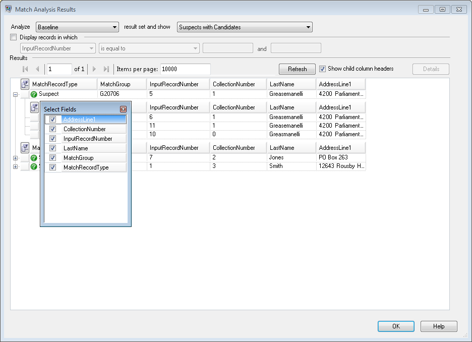 Field Chooser dialog box in Match Analysis Results